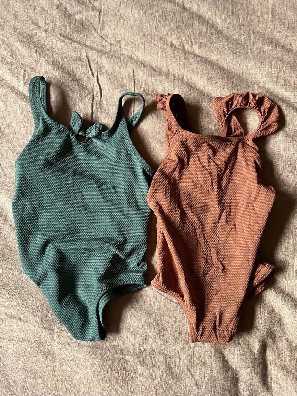 H&M 3T Girls Teal Green and Rust Kids One-Piece Swimsuits (Set of 2)